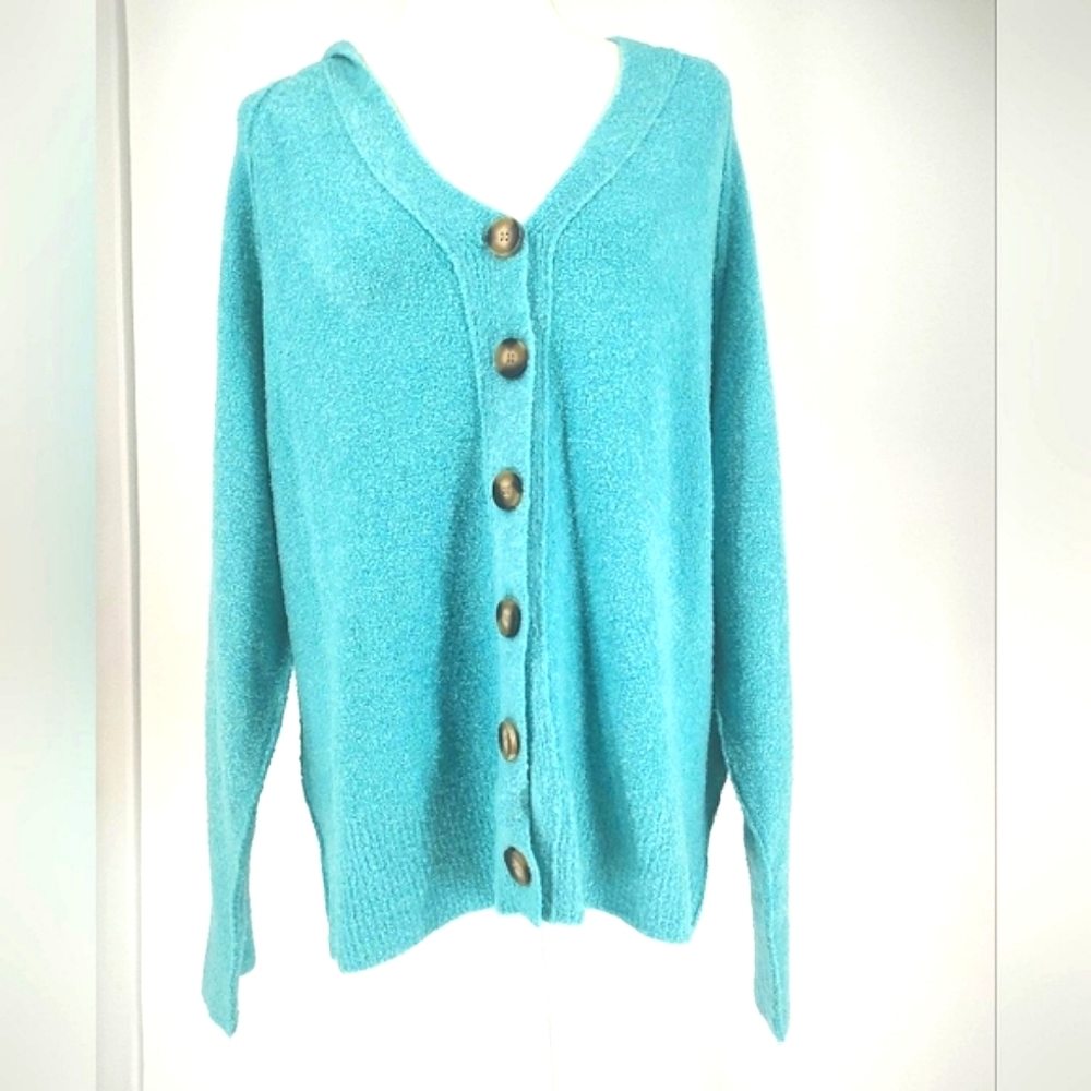 Fate Women's Turquoise Cardigan With Hoodie Size L